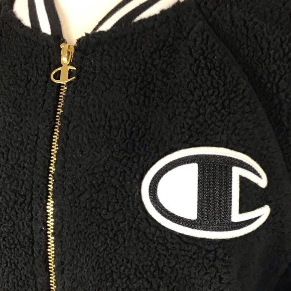 Champion Sherpa bomber jacket Womens S black spell out collegiate Preppy Cropped - Picture 10 of 15